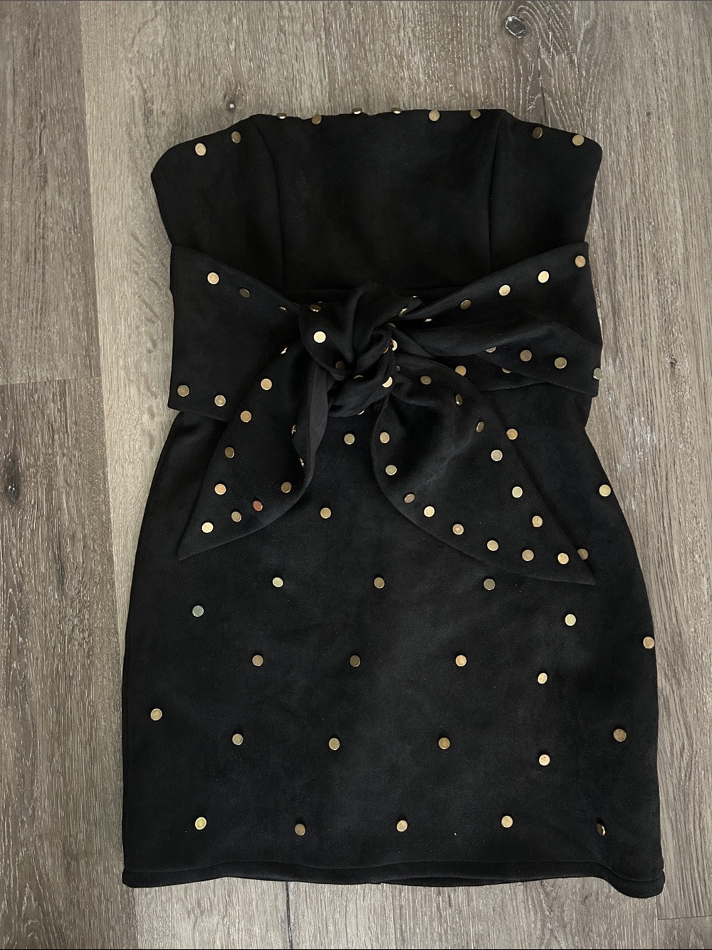 Fashion Nova Black Strapless Mini Dress with Gold Stud Bow
